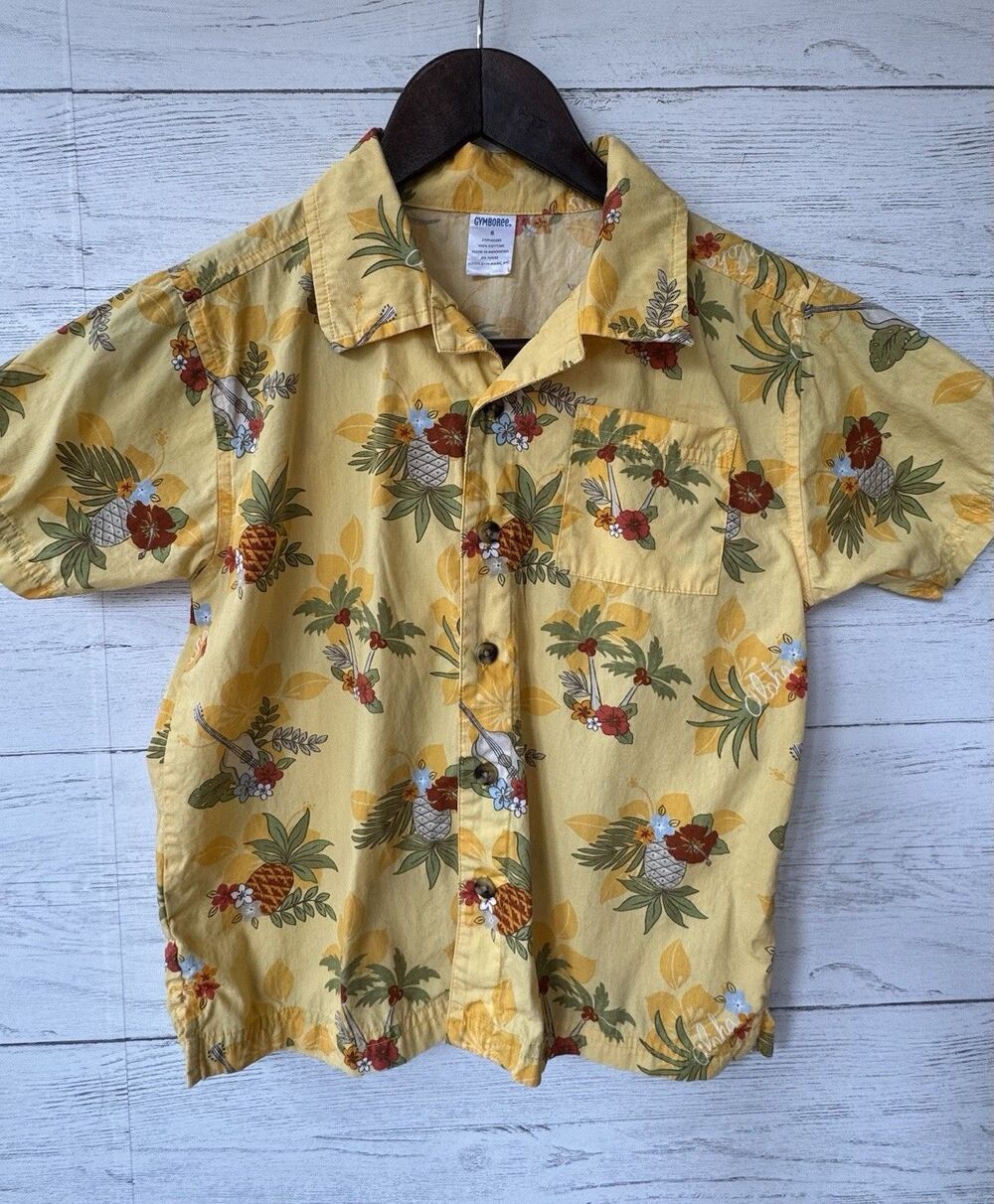 Vintage Gymboree Boys Surf Island Pineapple Tropical Yellow Hawaiian Shirt Sz 6